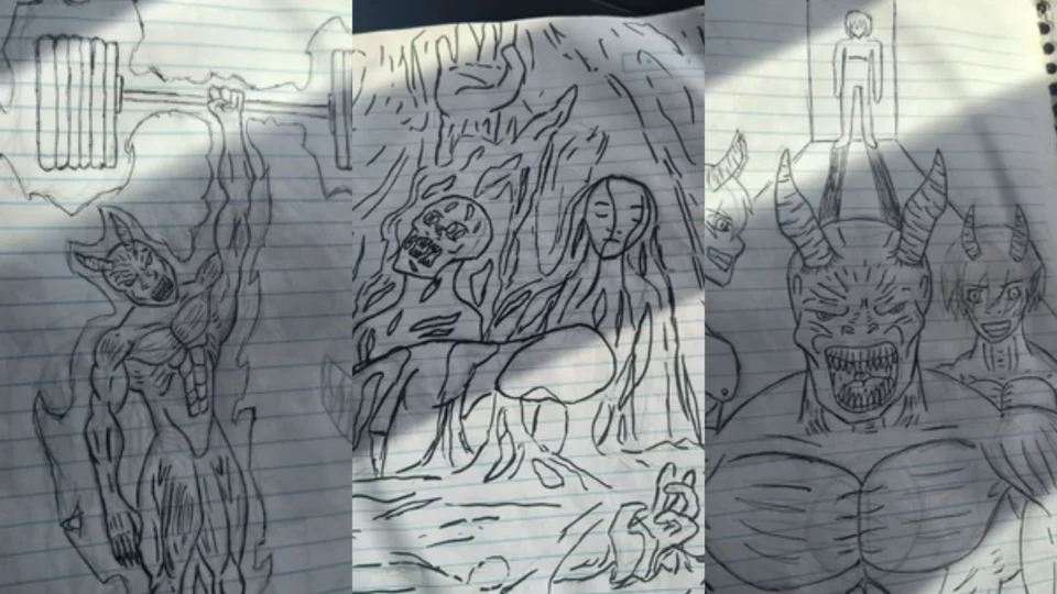 Fotos: adolescente que matou os pais a marteladas desenhava figuras demoníacas em caderno
