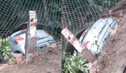 Motorista perde o controle de veículo na av Santos Dumont e invade área de mata; Veja o vídeo