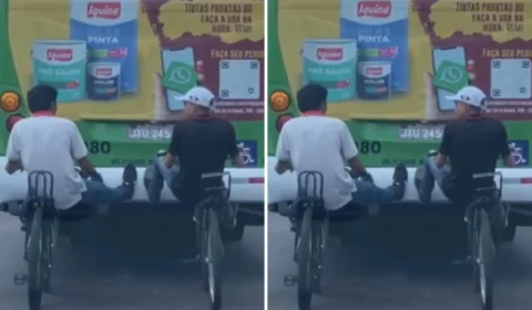 VEJA VÍDEO: jovens em bicicletas pegam ‘carona’ em traseira de ônibus em Manaus