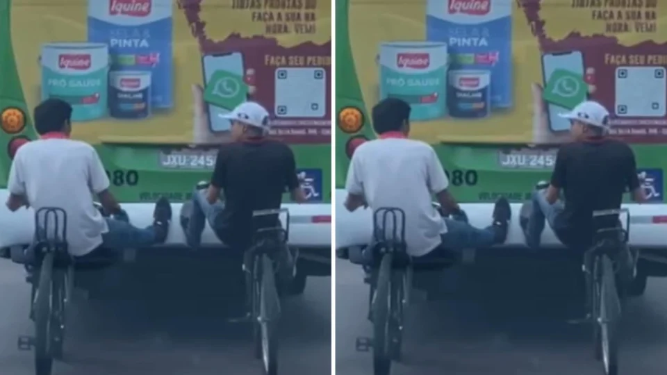 VEJA VÍDEO: jovens em bicicletas pegam ‘carona’ em traseira de ônibus em Manaus