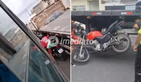 Vídeo mostra motociclista sendo imprensado e arrastado por carreta em avenida