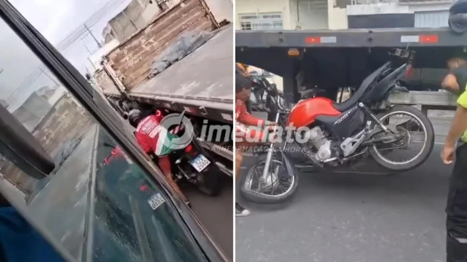 Vídeo mostra motociclista sendo imprensado e arrastado por carreta em avenida
