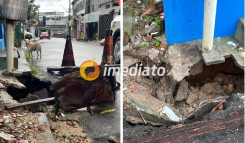 Casa corre risco de desmoronamento após chuva aumentar cratera em rua, no Tancredo Neves