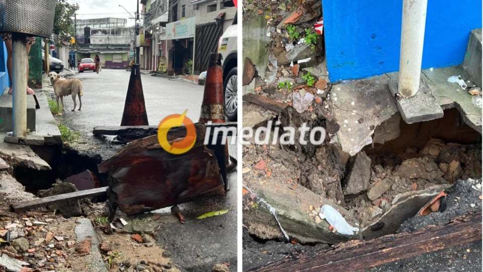 Casa corre risco de desmoronamento após chuva aumentar cratera em rua, no Tancredo Neves