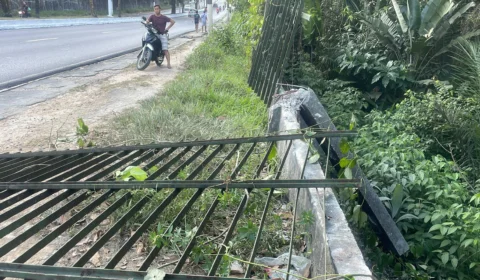 Motorista perde controle de direção e fica com o carro suspenso em grade da UFAM; Veja vídeo