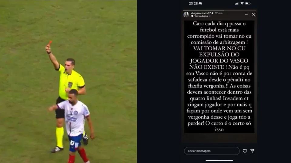 Diego Souza critica arbitragem após expulsão de jogador do Vasco: “Futebol está corrompido”