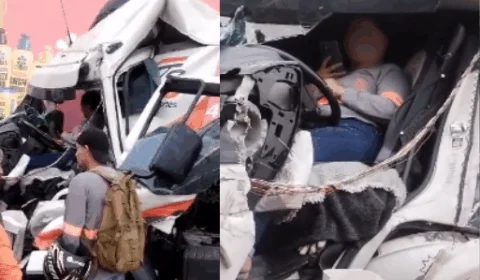 Vídeos: motorista fica presa às ferragens durante colisão entre carretas na Bola da Suframa