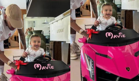 “De carro novo”, Neymar presenteia a filha, Mavie, com mini Lamborghini