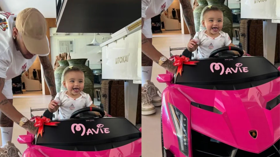 “De carro novo”, Neymar presenteia a filha, Mavie, com mini Lamborghini