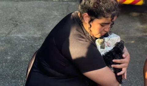 Família sofre acidente  de moto e cachorro cai em bueiro