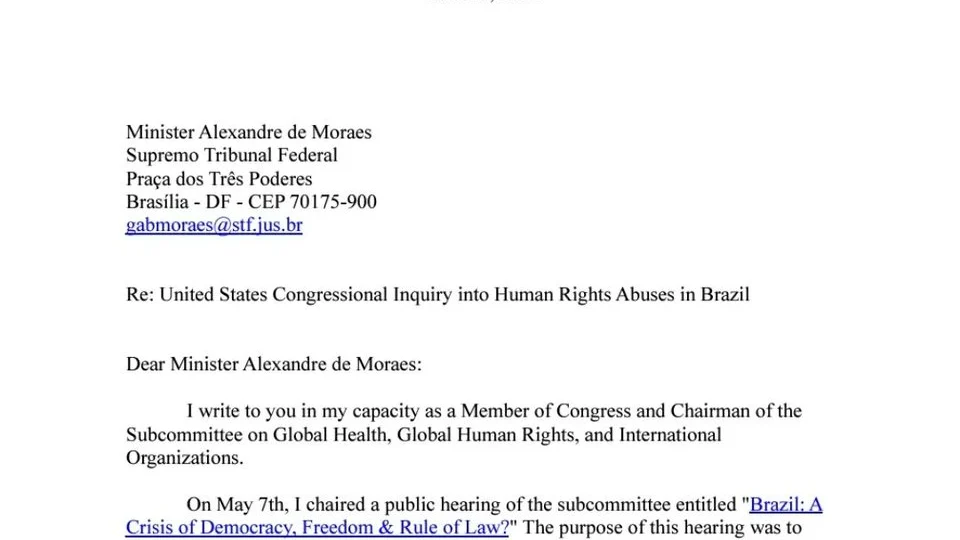 Deputado americano dá prazo de 10 dias para Moraes responder sobre abusos de poder e censura