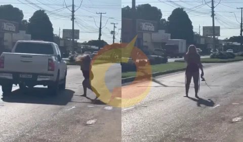 Vídeo: mulher embriagada bate em carros com tamanco em frente de conveniência em Boa Vista
