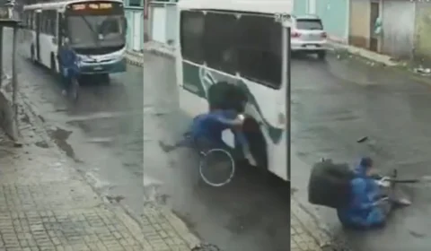 Ônibus em alta velocidade derruba entregador de bicicleta e quase passa por cima; Veja vídeo