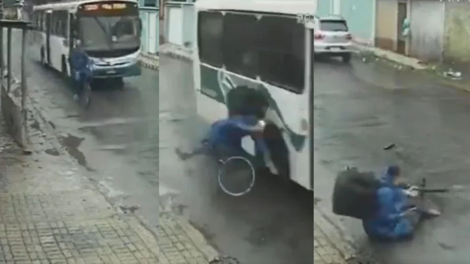 Ônibus em alta velocidade derruba entregador de bicicleta e quase passa por cima; Veja vídeo