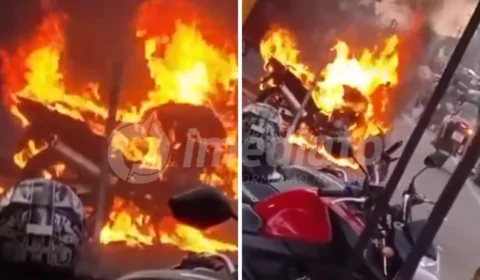 VEJA VÍDEO: motocicleta pega fogo em meio ao trânsito em Manaus