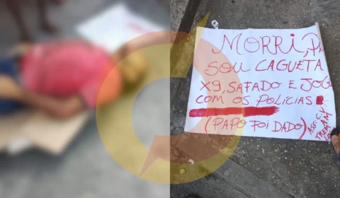 ‘Morri porque sou cagueta X9, safado e jogo com policiais’, diz cartaz ao lado de vendedor morto no Jorge Teixeira