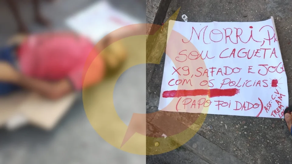‘Morri porque sou cagueta X9, safado e jogo com policiais’, diz cartaz ao lado de vendedor morto no Jorge Teixeira