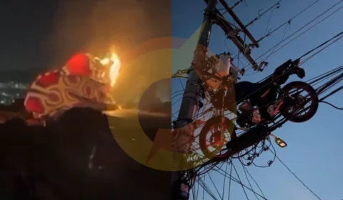 VÍDEO: moto fica presa em cima de poste após queda de balão na zona Leste de São Paulo