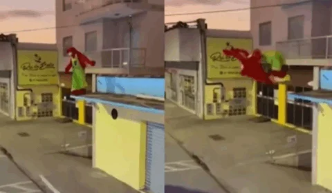 VÍDEO: Fofão da Carreta Furacão dá ‘mortal’ de marquise de loja e é atropelado