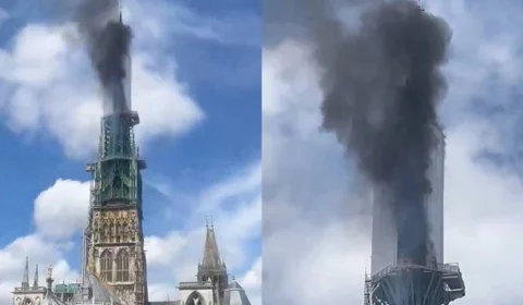 Incêndio atinge torre da catedral de Notre Dame de Rouen, na França