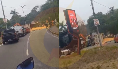 Vídeo: carreta carregada de milho tomba na Bola das Letras em Manaus