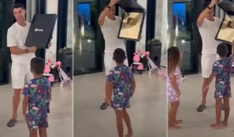 Vídeo: Cristiano Ronaldo atinge 1 milhão de inscritos e celebra chegada de placa com os filhos