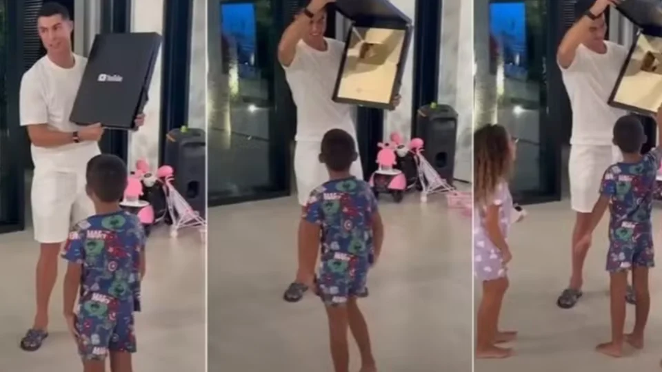 Vídeo: Cristiano Ronaldo atinge 1 milhão de inscritos e celebra chegada de placa com os filhos