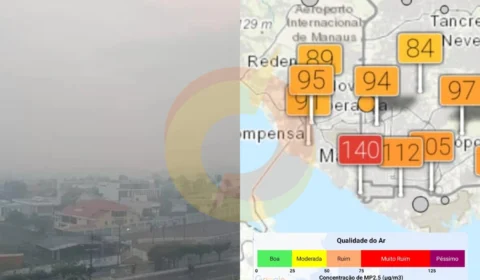 Manaus amanhece encoberta por fumaça e qualidade do ar é classificada como ‘insalubre’