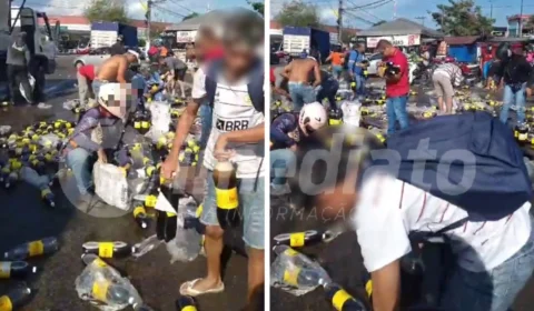 VEJA VÍDEO: populares levam refrigerantes após caminhão tombar em avenida de Manaus
