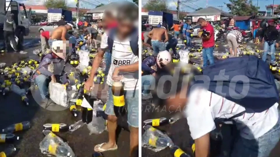 VEJA VÍDEO: populares levam refrigerantes após caminhão tombar em avenida de Manaus