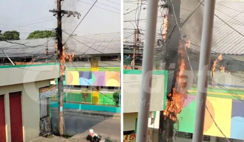 VÍDEO: curto-circuito em fios de alta tensão causa incêndio em poste no Jorge Teixeira