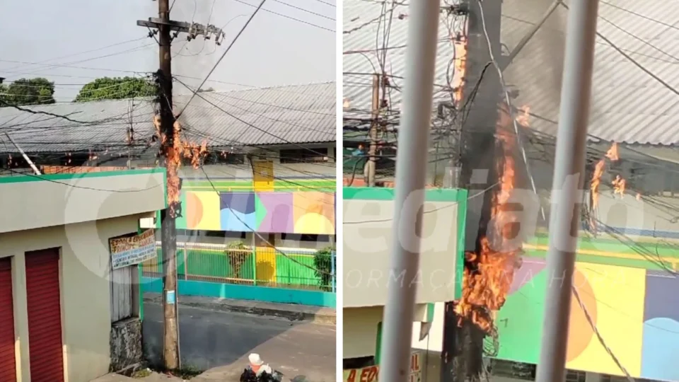 VÍDEO: curto-circuito em fios de alta tensão causa incêndio em poste no Jorge Teixeira
