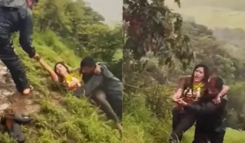 VEJA VÍDEO: mulher tenta fazer selfie e cai em desfiladeiro de 18 metros de altura