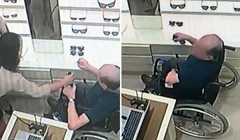 VEJA VÍDEO: cadeirante furta óculos em shopping e chama PM de covarde e ‘nóia’