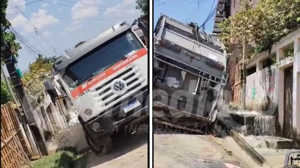 VÍDEOS: caminhão de lixo tomba após asfalto ceder e rompe tubulação de água no bairro Grande Vitória