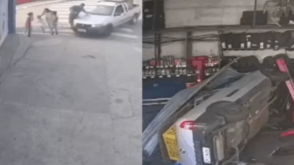 Vídeo mostra motorista atropelando família e invadindo oficina; assista