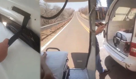 VEJA VÍDEO: mãe de paciente diz que ambulância tem porta amarrada com cinto de maca