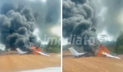 VEJA VÍDEO: avião de pequeno porte cai e pega fogo na BR-319 no AM