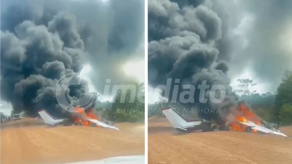 VEJA VÍDEO: avião de pequeno porte cai e pega fogo na BR-319 no AM