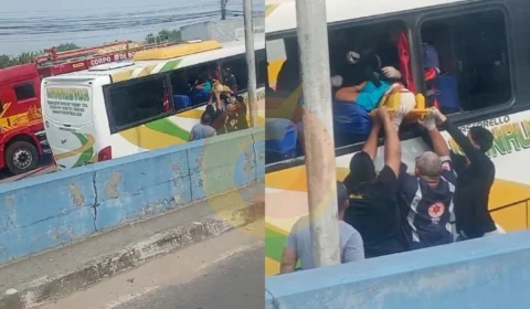 Vídeo: mulher é socorrida pela janela de ônibus após acidente com caminhão na Autaz Mirim