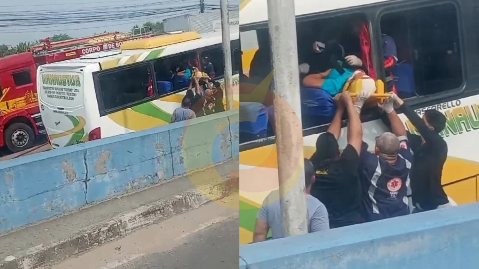 Vídeo: mulher é socorrida pela janela de ônibus após acidente com caminhão na Autaz Mirim