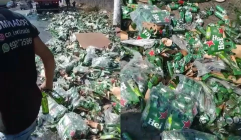 Vídeo: caminhão carregado com cerveja Heineken tomba e carga é saqueada na Av. Rodrigo Otávio
