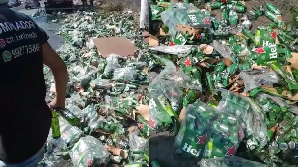 Vídeo: caminhão carregado com cerveja Heineken tomba e carga é saqueada na Av. Rodrigo Otávio