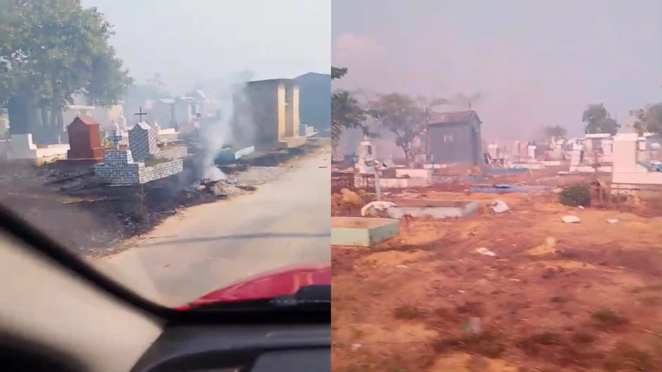 Vídeo: incêndio atinge túmulos no Cemitério Nossa Senhora de Aparecida no Tarumã