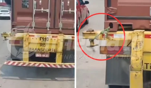 Container é transportado amarrado por corda na Bola da Suframa em Manaus