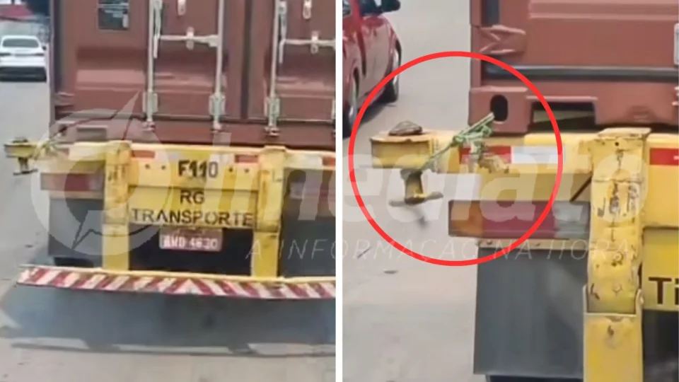 Container é transportado amarrado por corda na Bola da Suframa em Manaus