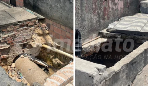 Calçada de residência corre o risco de desabar por causa de obra inacabada no Jorge Teixeira