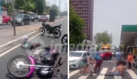 VÍDEO: motociclista avança sinal vermelho e atropela pessoas na Avenida Constantino Nery