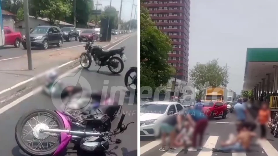 VÍDEO: motociclista avança sinal vermelho e atropela pessoas na Avenida Constantino Nery