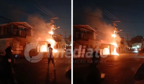 VEJA VÍDEO: poste de energia pega fogo e assusta moradores no bairro São Francisco